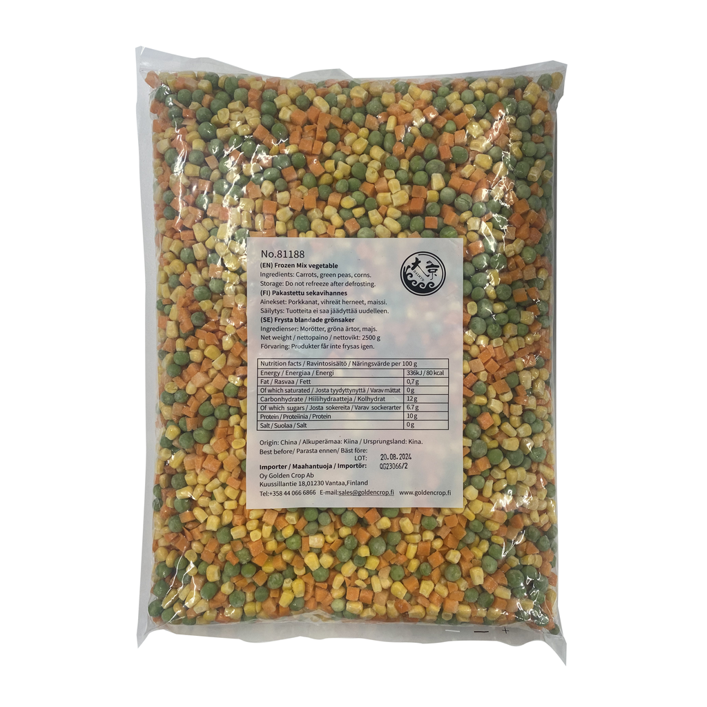 Frozen mix vegetable (green beans, corn kernels, carrots) 2.5kg 4Units/CTN | 冰冻混合蔬菜(青豆, 玉米粒, 胡萝卜) 炒饭用 2.5kg 4包/箱